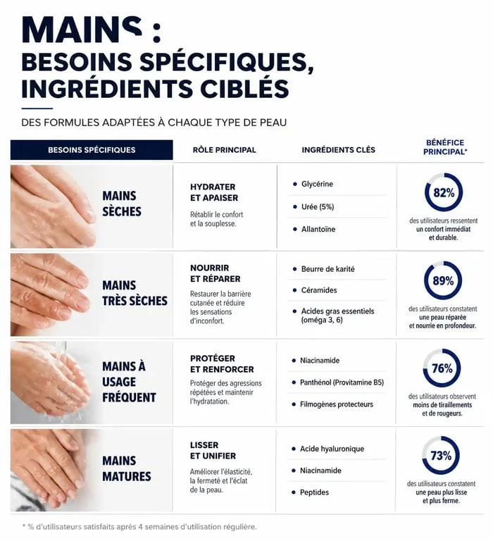 Infographie sur les ingrédients clés des meilleures crèmes pour les mains selon le type de peau
