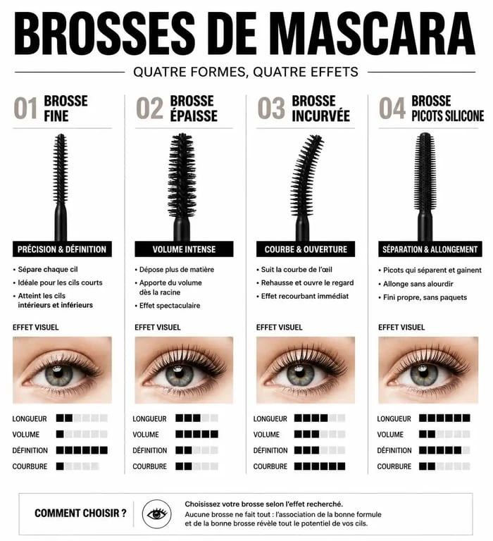 Infographie comparative des types de brosses pour choisir le meilleur mascara selon ses cils