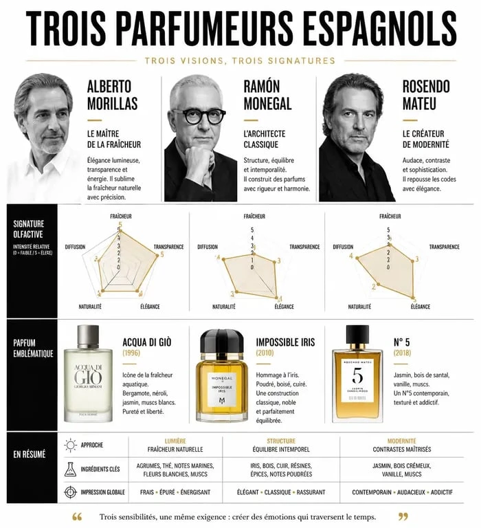 Infographie comparative des parfumeurs espagnols célèbres et leurs créations majeures