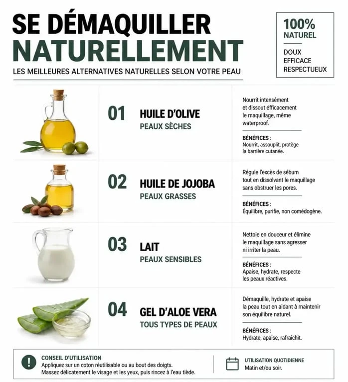 Infographie des meilleures alternatives naturelles pour se démaquiller sans démaquillant selon le type de peau