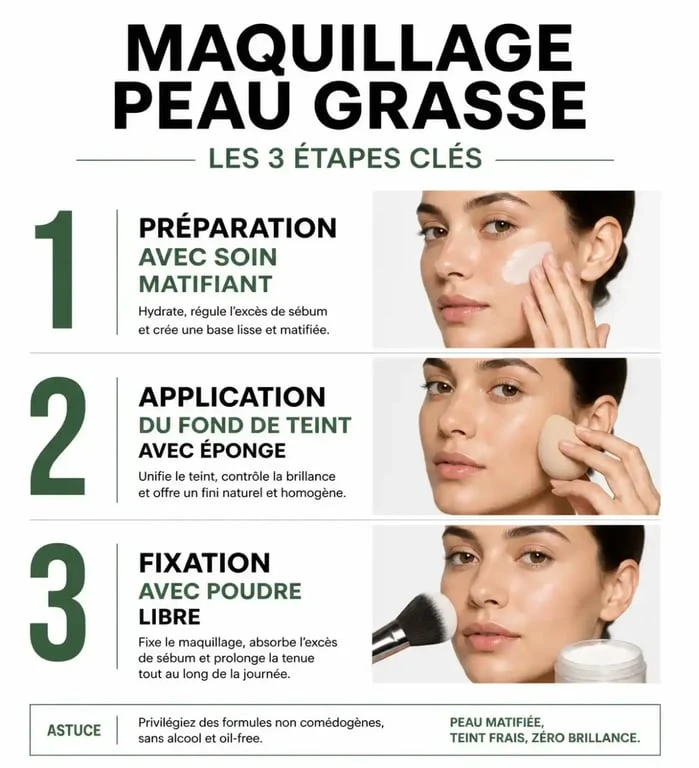 Infographie des étapes de maquillage pour peau grasse : préparation, application du fond de teint et fixation pour un teint mat durable.
