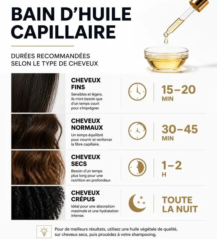 Infographie des temps de pose recommandés pour un bain d'huile cheveux selon le type de chevelure