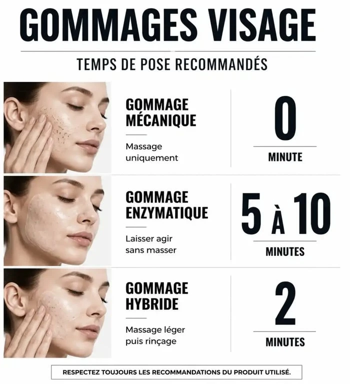 Tableau récapitulatif du temps de pose idéal pour chaque type de gommage visage