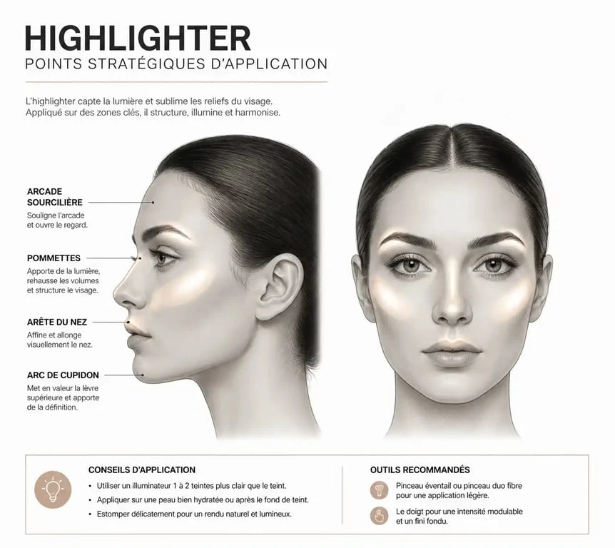 Schéma des zones stratégiques pour appliquer son highlighter sur le visage