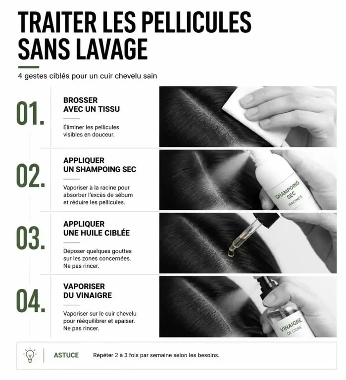 Illustration des méthodes pour enlever les pellicules sans se laver les cheveux : brossage, shampoing sec, huile et vinaigre.