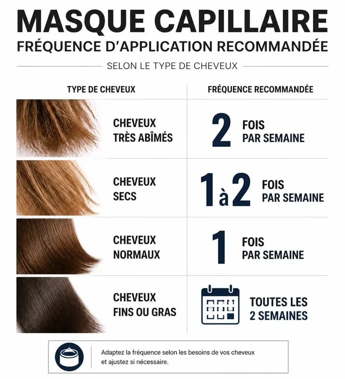 Infographie sur la fréquence idéale d'utilisation d'un masque cheveux selon le type de chevelure