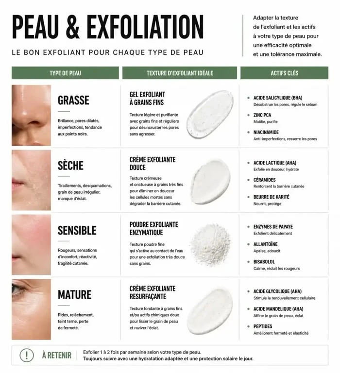 Infographie comparative pour choisir le meilleur gommage visage selon son type de peau