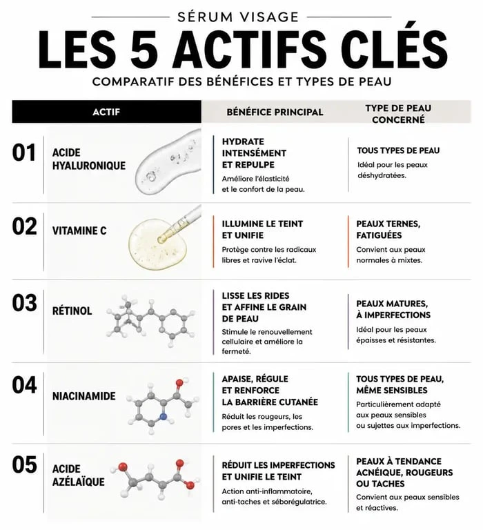 Infographie comparative des actifs pour choisir son sérum visage selon son type de peau
