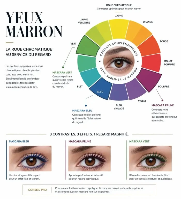 Infographie sur le choix de la couleur de mascara pour les yeux marron selon la roue chromatique