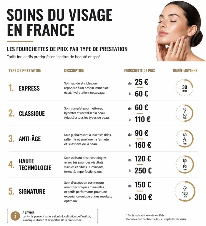 Infographie des tarifs moyens des soins du visage en institut en France