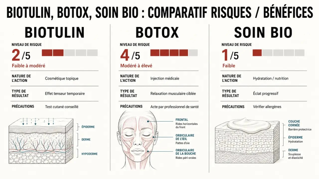 Biotulin danger : comparatif visuel des risques entre Biotulin, botox et soin bio