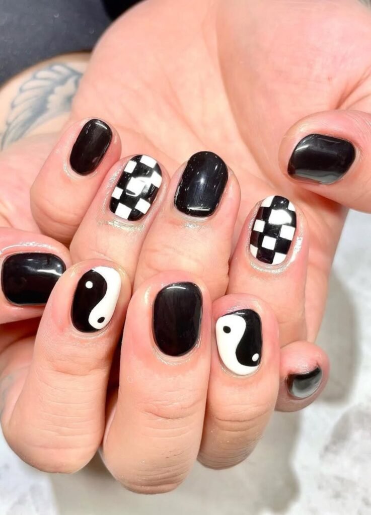 Ying Yang Checkered Men's Nail Design