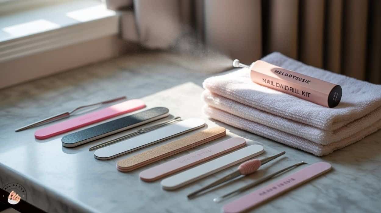 How to file nails at home like a pro — nail care tools including nail file, buffer, cuticle pusher, and clippers arranged on a towel.