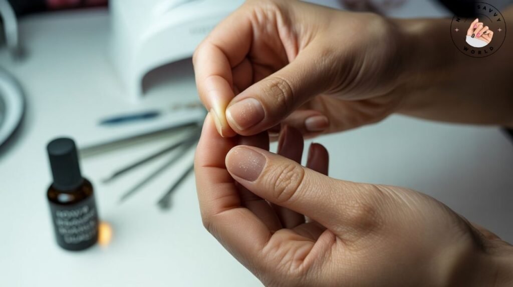 &ldquo;Dry nails with visible cracks being treated with cuticle cream and nail oil as part of nail splitting remedies and dry nail care&rdquo;