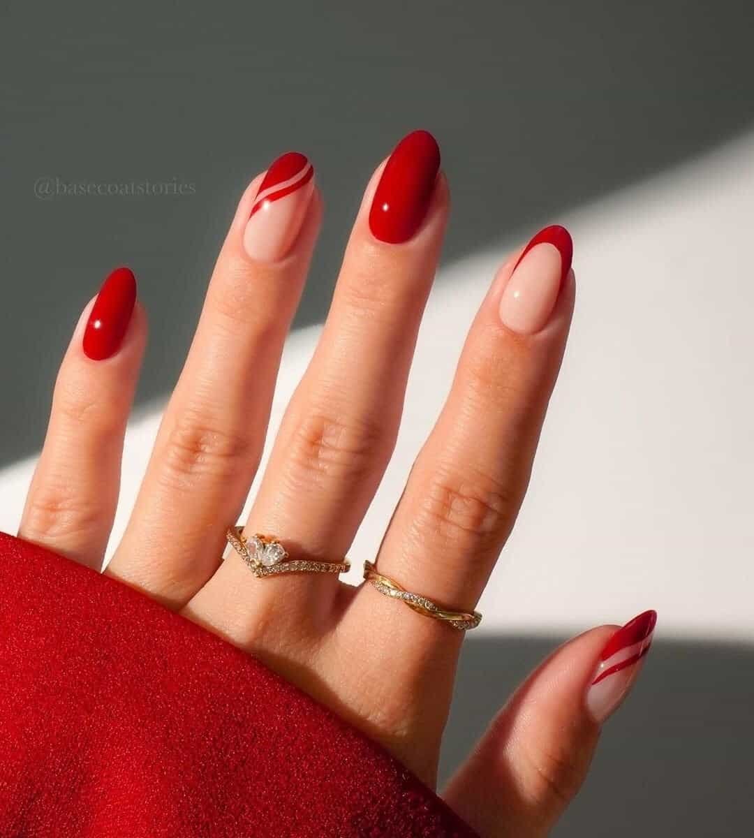 image of Red French Tips Nails with Swirls