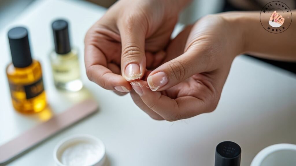 Broken nail repair with silk wrap and glue for cracked nail fix.