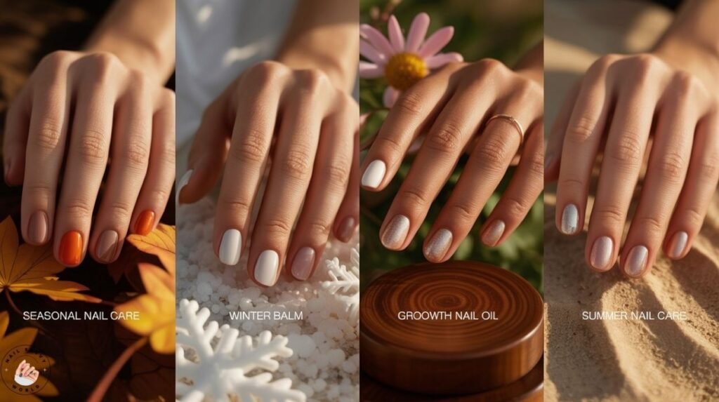 Seasonal nail care 2025 &ndash; nail oils, polishes, and hand creams arranged with spring blossoms, summer fruits, autumn leaves, and winter knits to show how to adjust your nail care routine for every season.