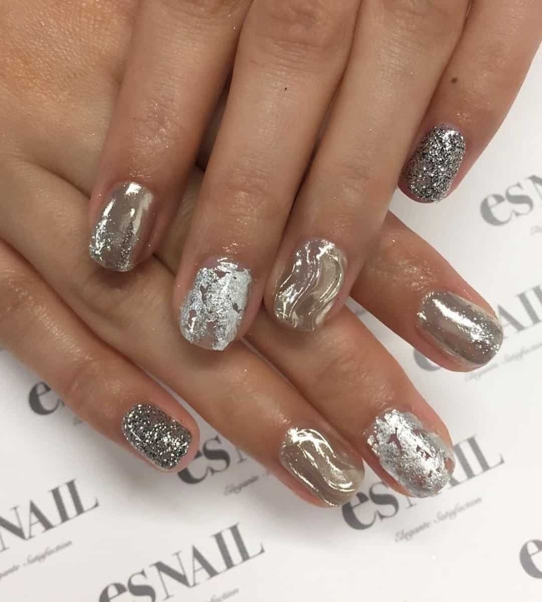 3D, Foils & Glitter Silver Nails
