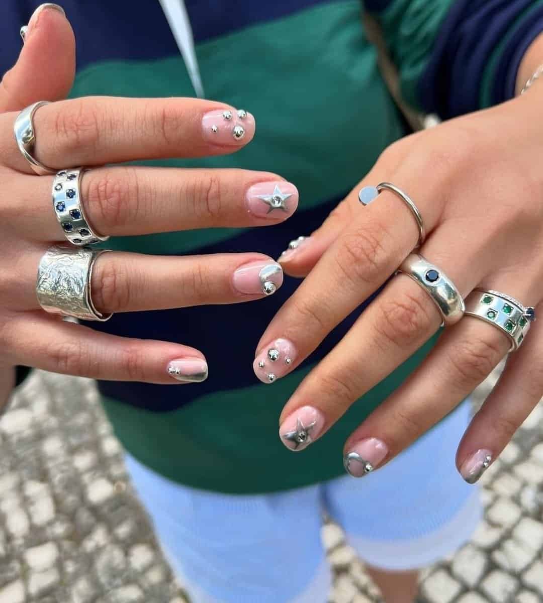 3D Silver Nails with Stars & Pearls
