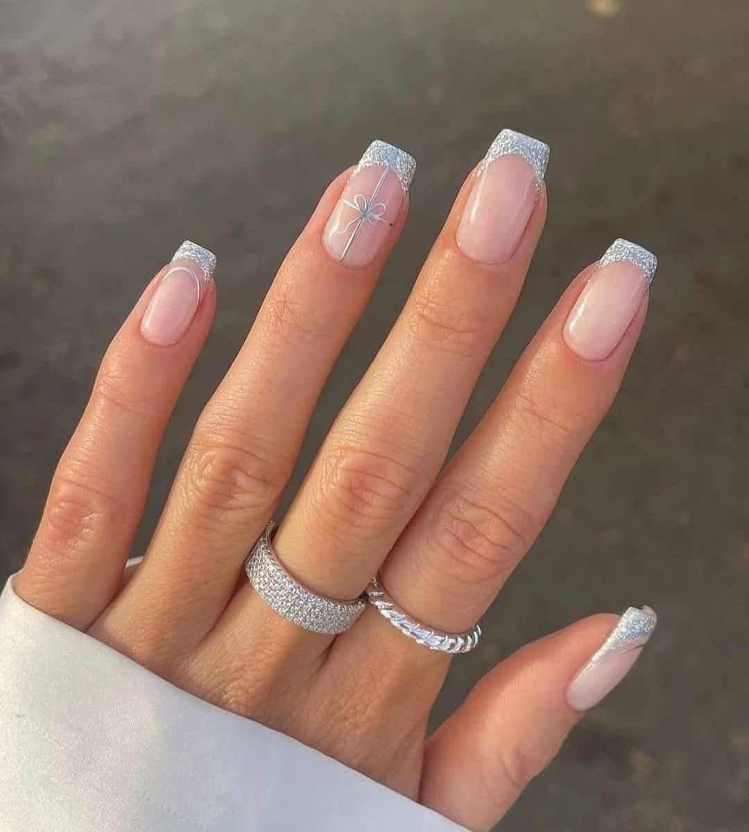 Silver Christmas Bow French Nails