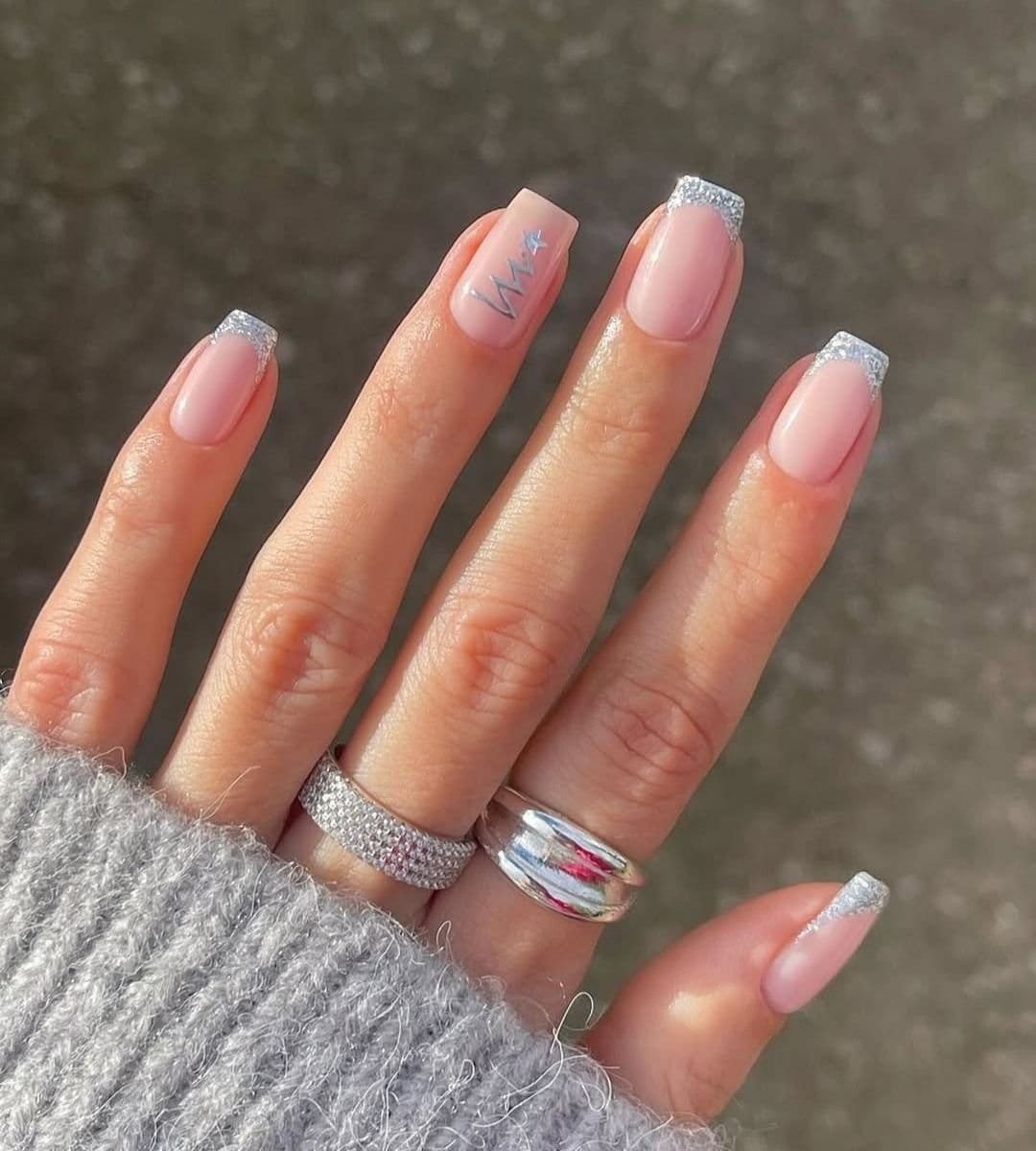 Silver Christmas Tree French Nails