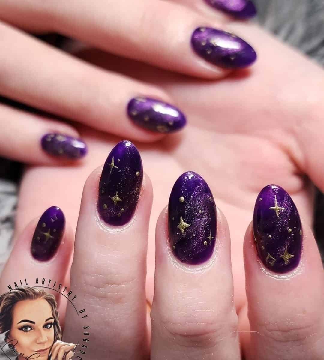Image of Dark Purple Nails & Golden Galaxy