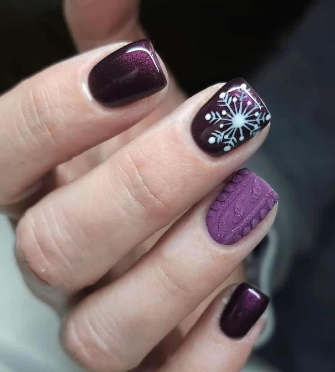 Image of Purple Winter Nails with Sweater, Cat Eye & Snowflakes