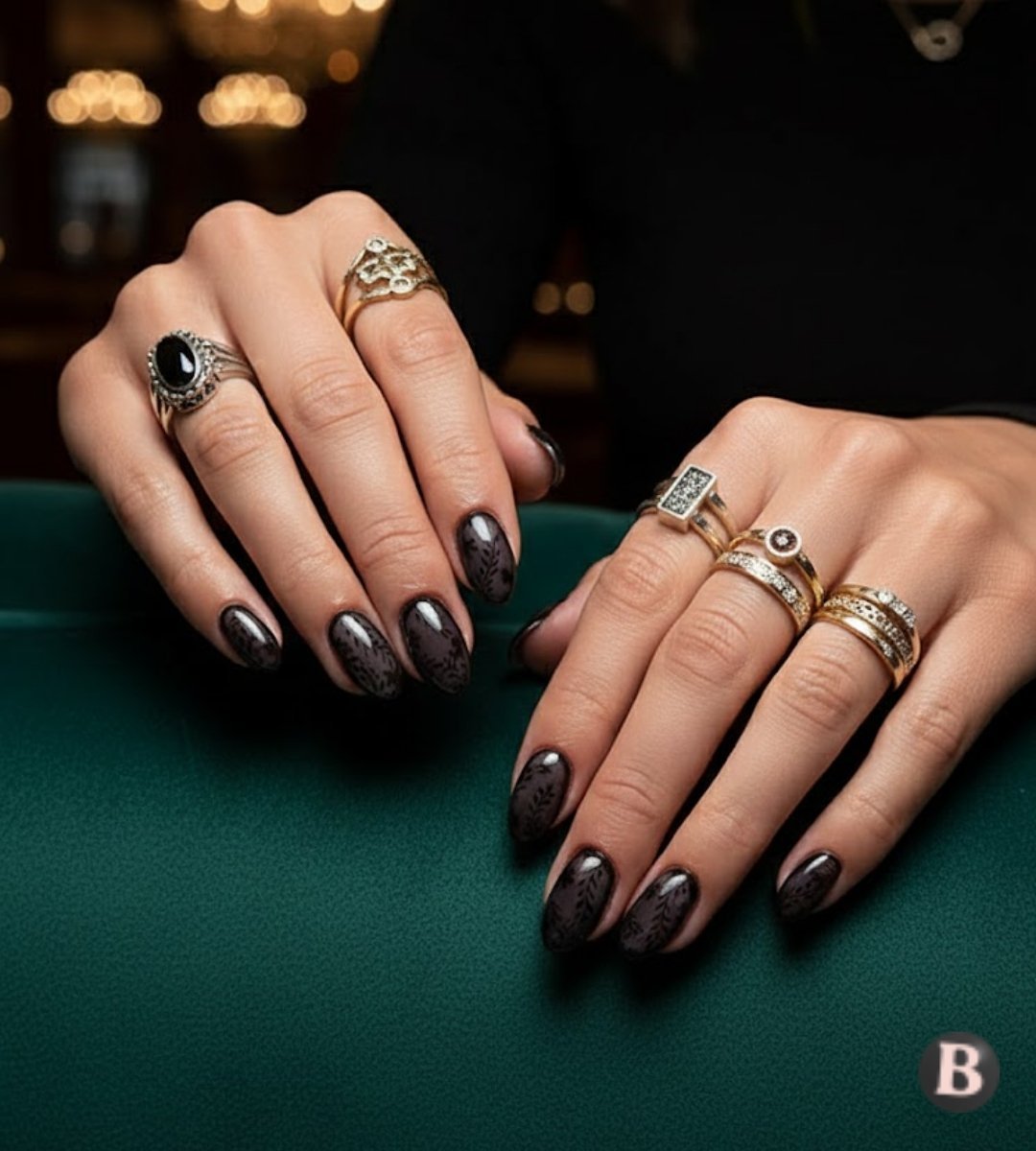 Image of Black Lace Floral Nails