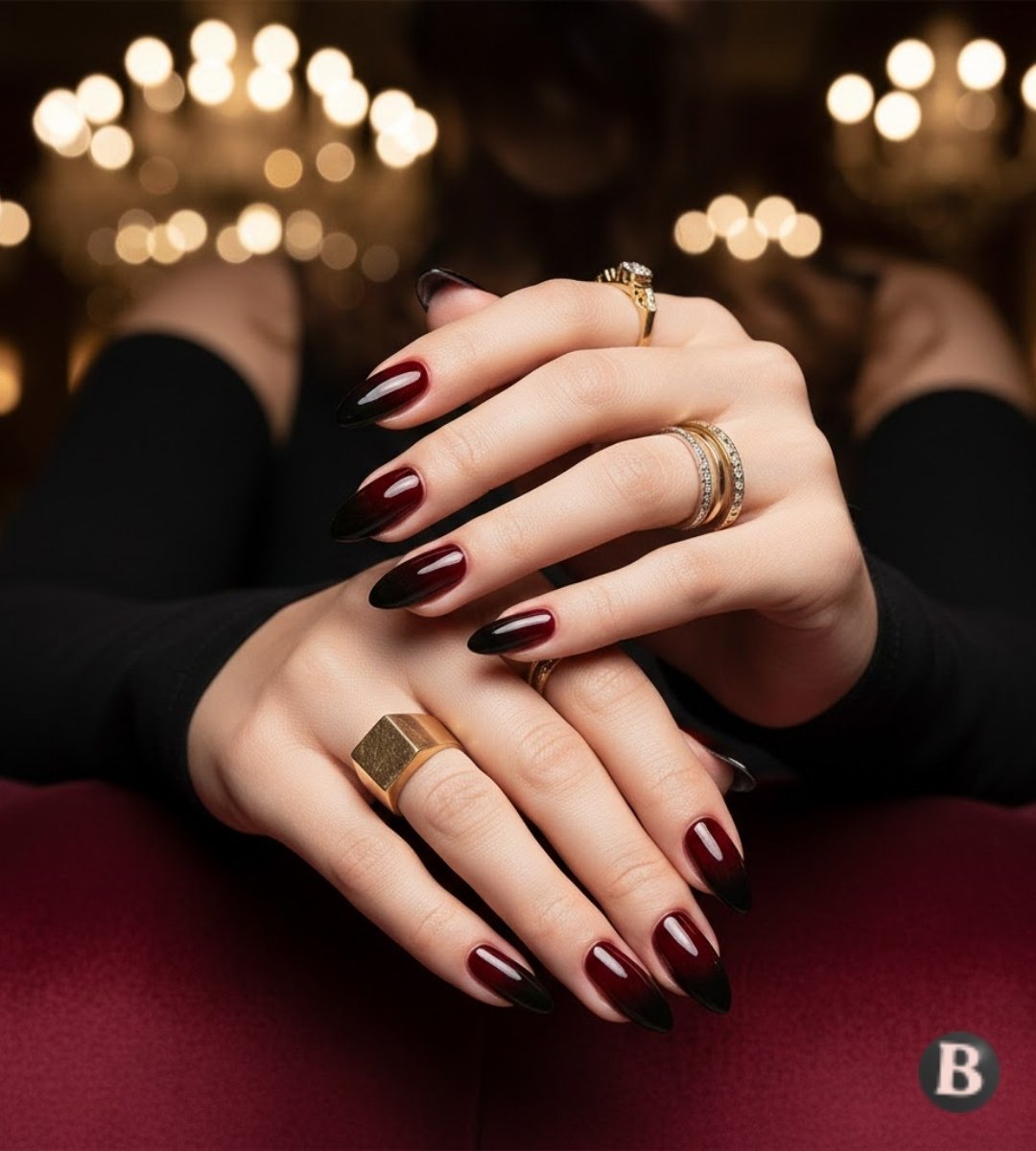 Image of Black Ombre Nails with Red Base