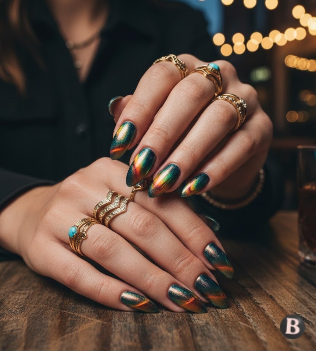 Image of Colourful Shimmer Chrome Cat Eye Nails