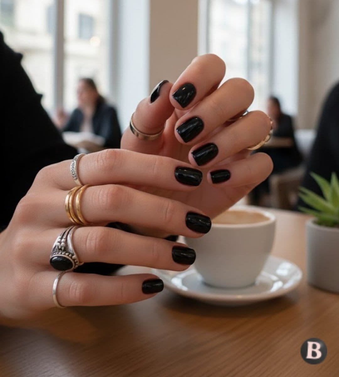 Image of Short Black Gel Bottle Nails