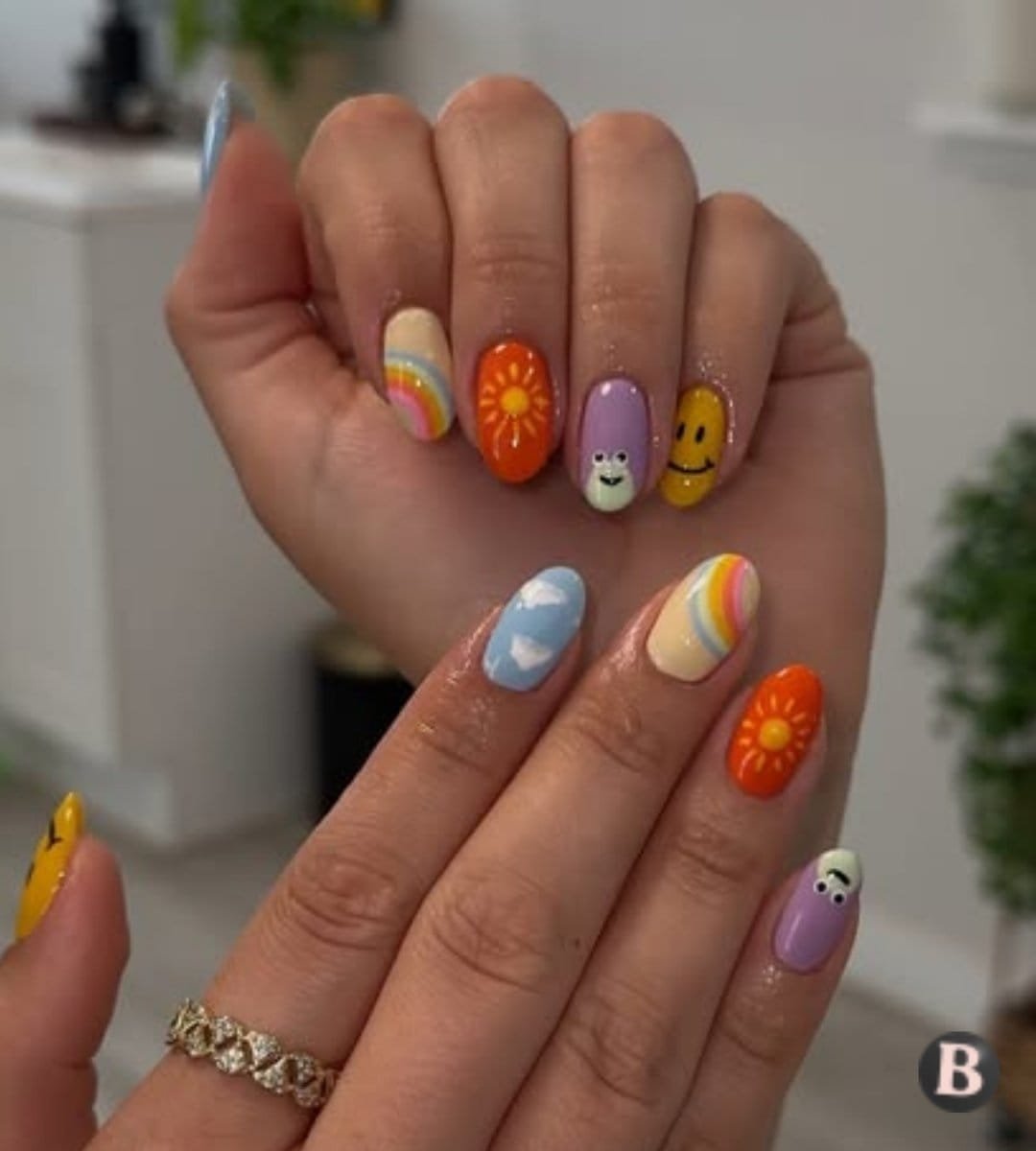Bright & Cheerful Sunny Rainbow Doodle Back-To-School Nails
