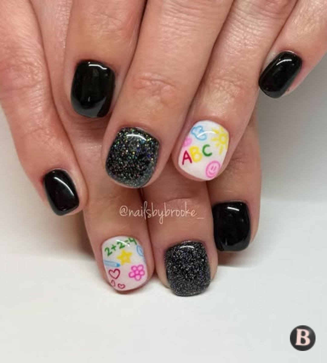 Chic Black Glitter & Chalkboard Doodle School-Themed Nails For Teachers