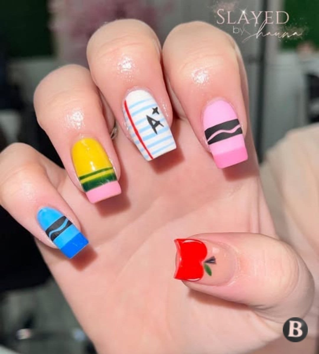 Colorful Back-To-School Square Nails