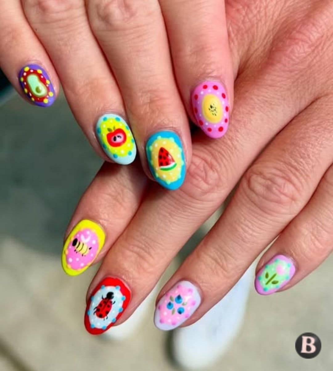 Colorful Illustrated Nature Doodle Back To School Nails