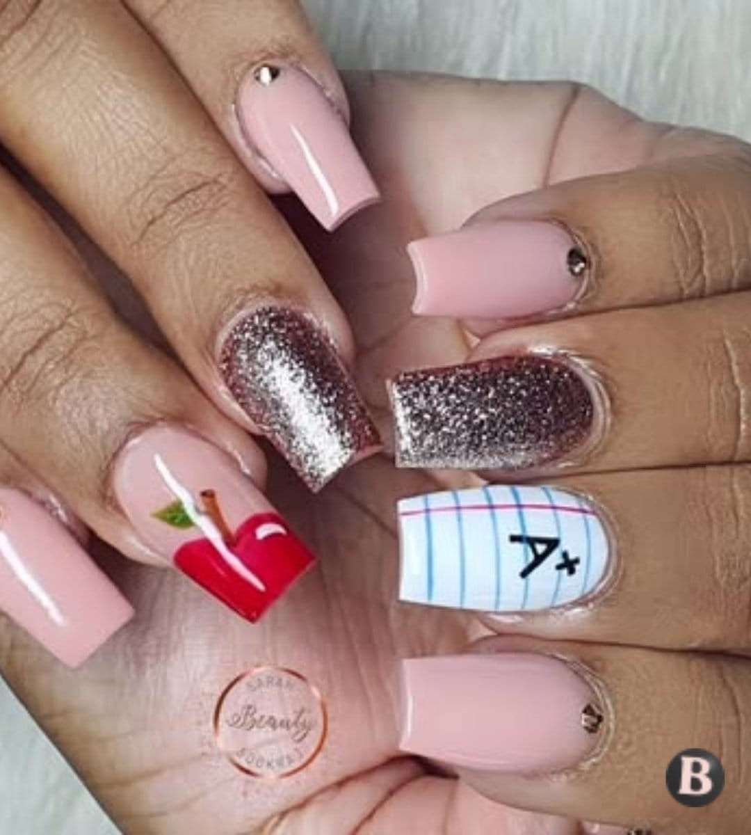 Glam Pink Back-To-School Square Nails With Rose Gold Glitter
