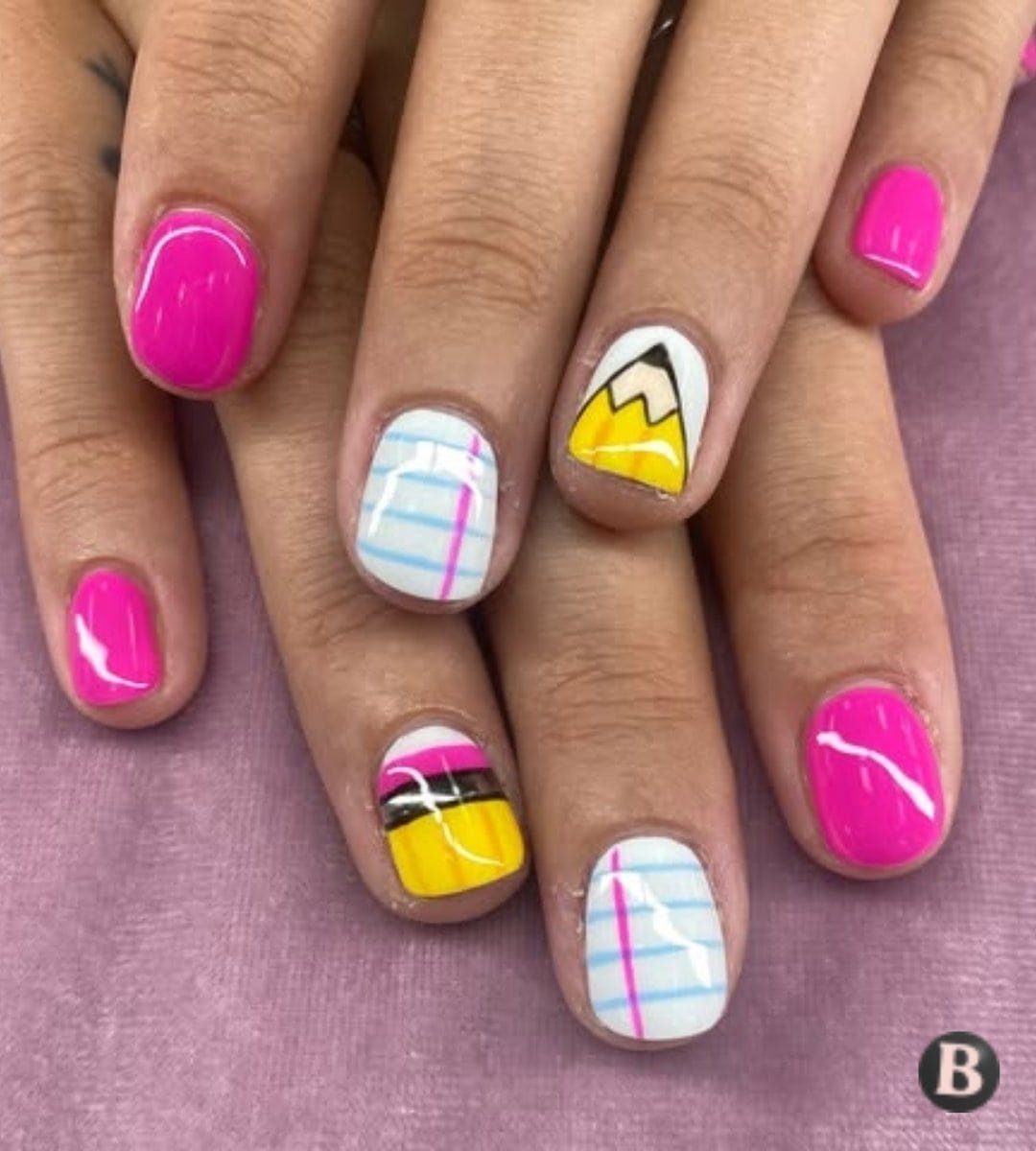 Hot Pink Back-To-School Short Nail Art