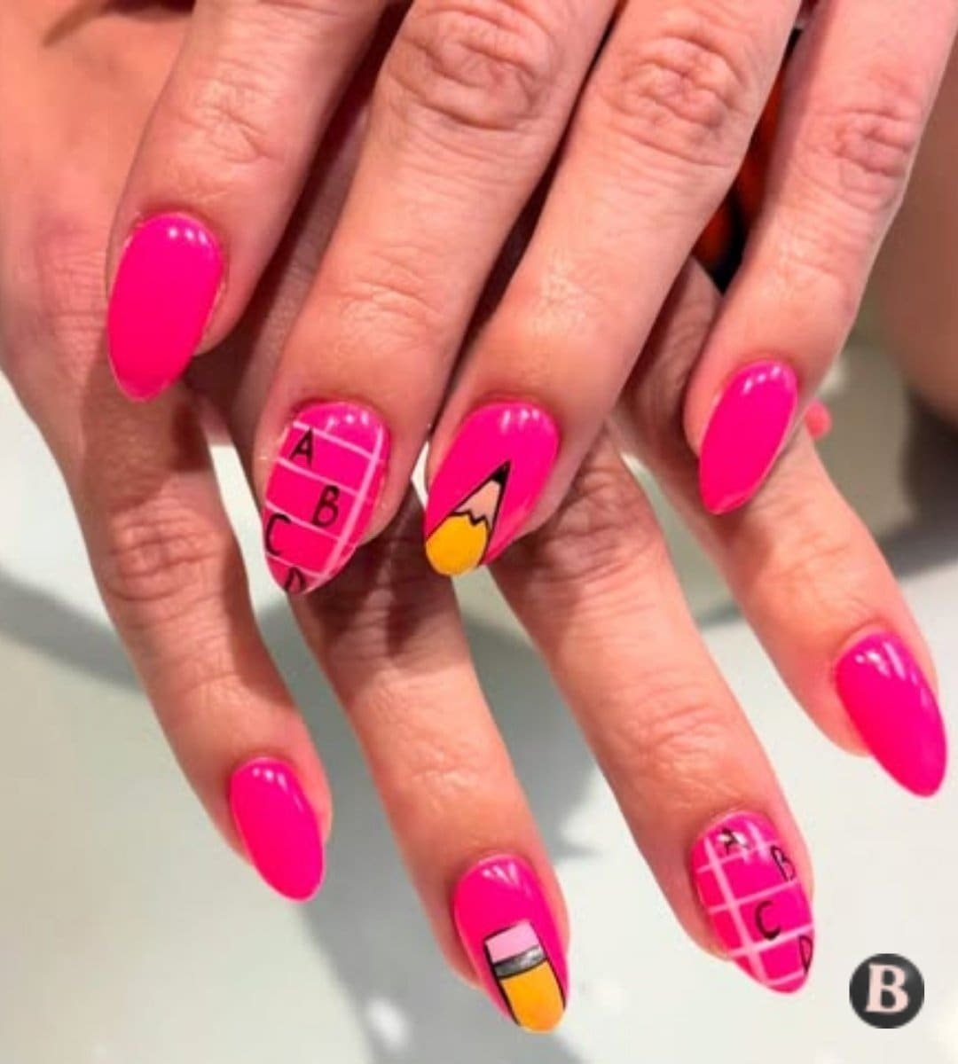 Hot Pink Pencil & ABCD Grid School-Themed Nails