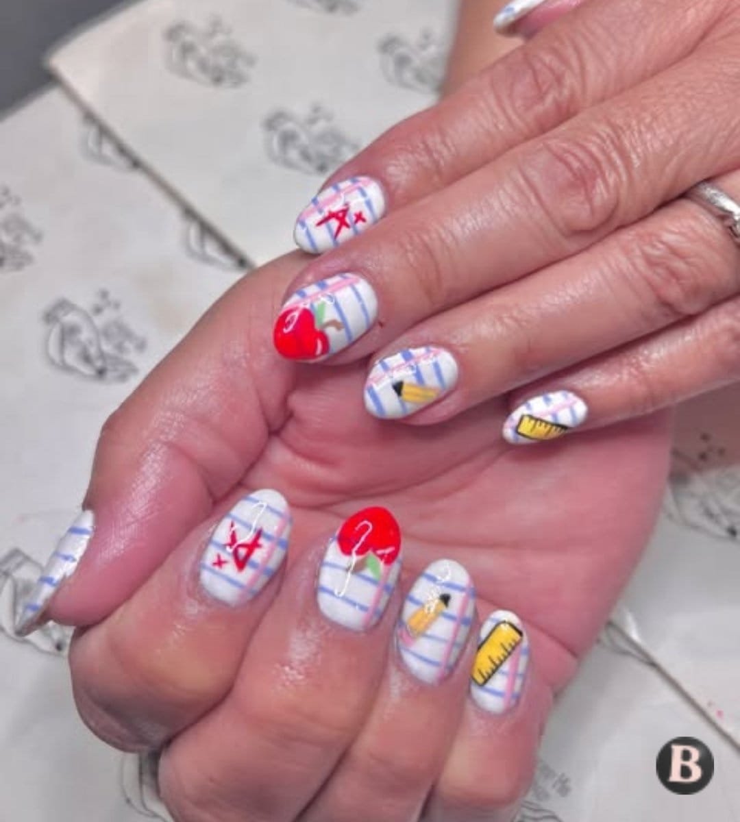 Lined Notebook Paper & A+ Grade School-Themed Nails