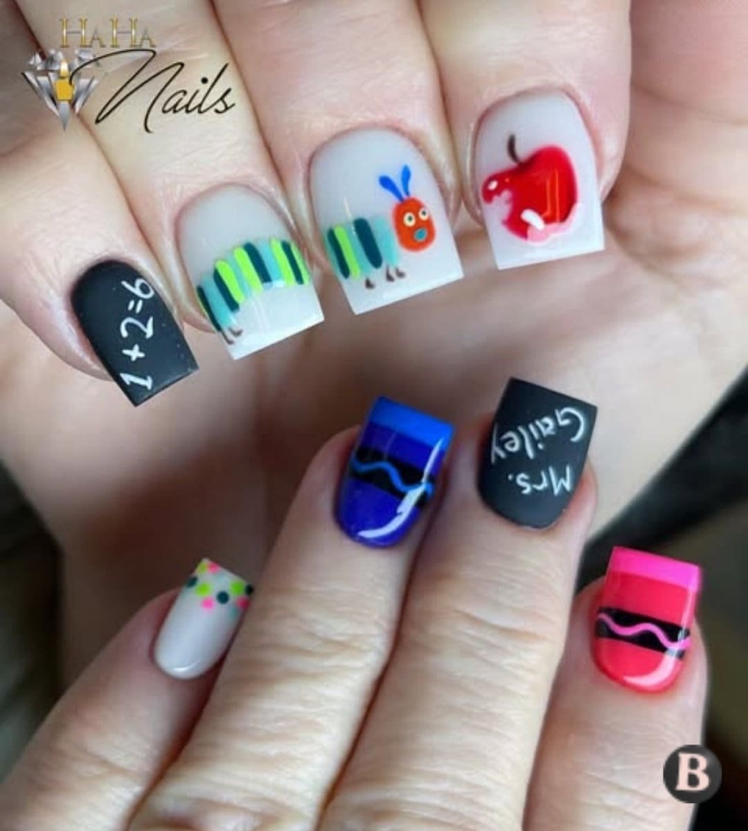 Matte Chalkboard School Bus & Red Apple Teacher Nails