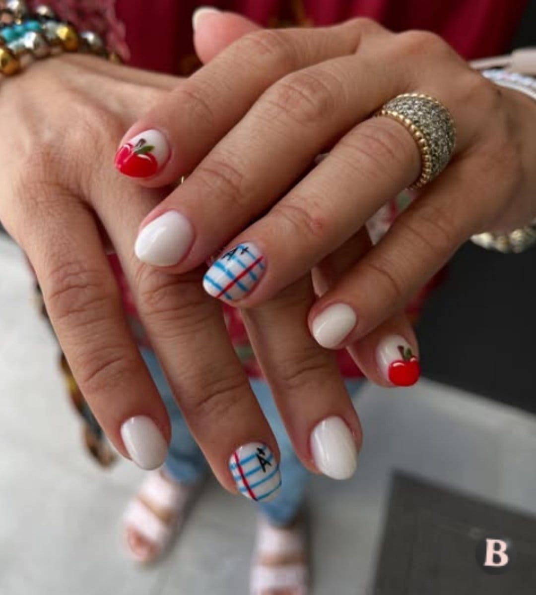 Milky White Back-To-School Short Nails With Red Apple Tips