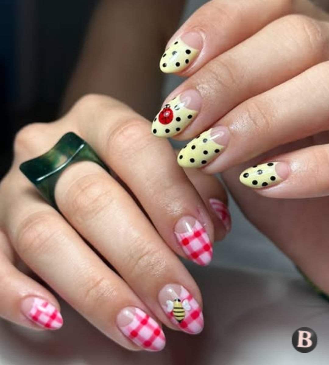 Playful Polka Dot & Gingham Bug School Teacher Nails