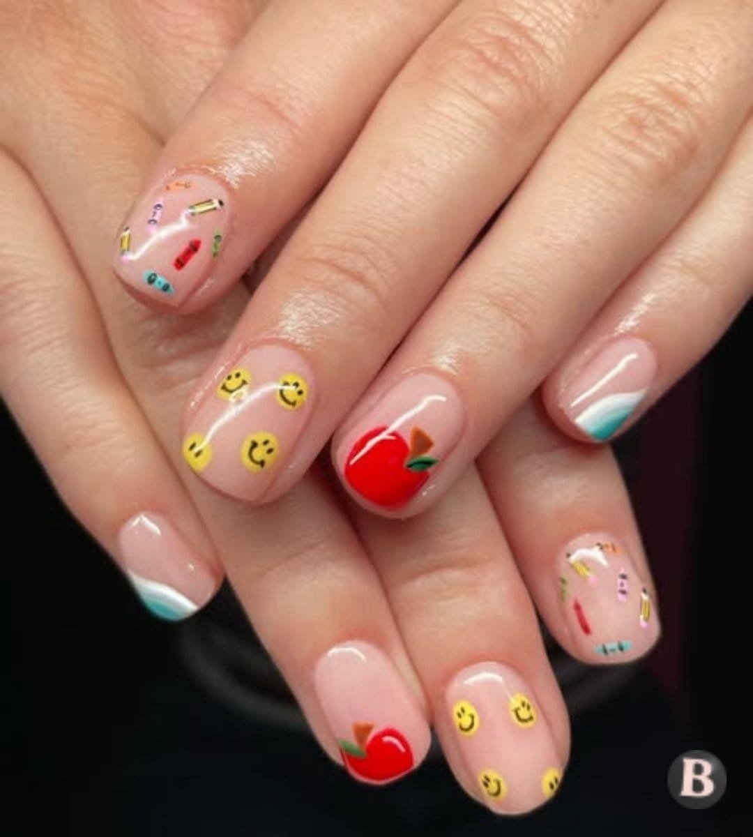Playful Short Back-To-School Nails With Smileys