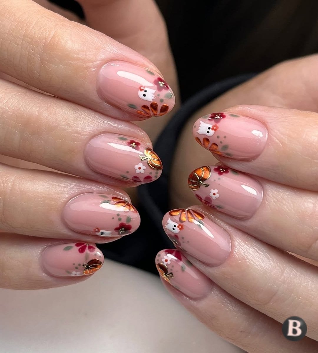 Cute Ghost & Metallic Pumpkin Floral Nails