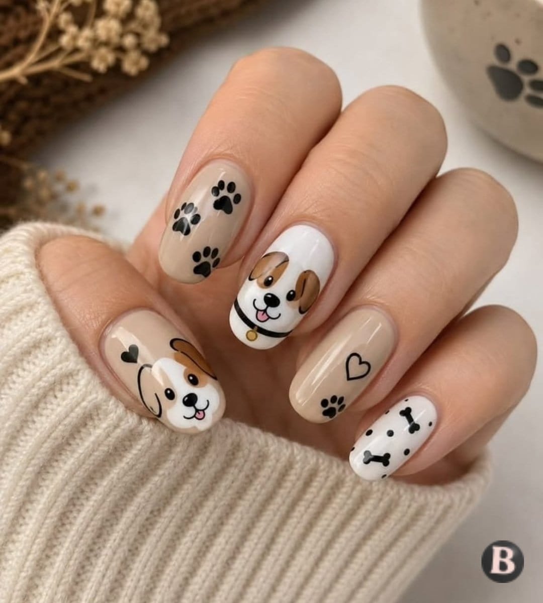 Cozy Nude Puppy Face & Paw Print Art Nails