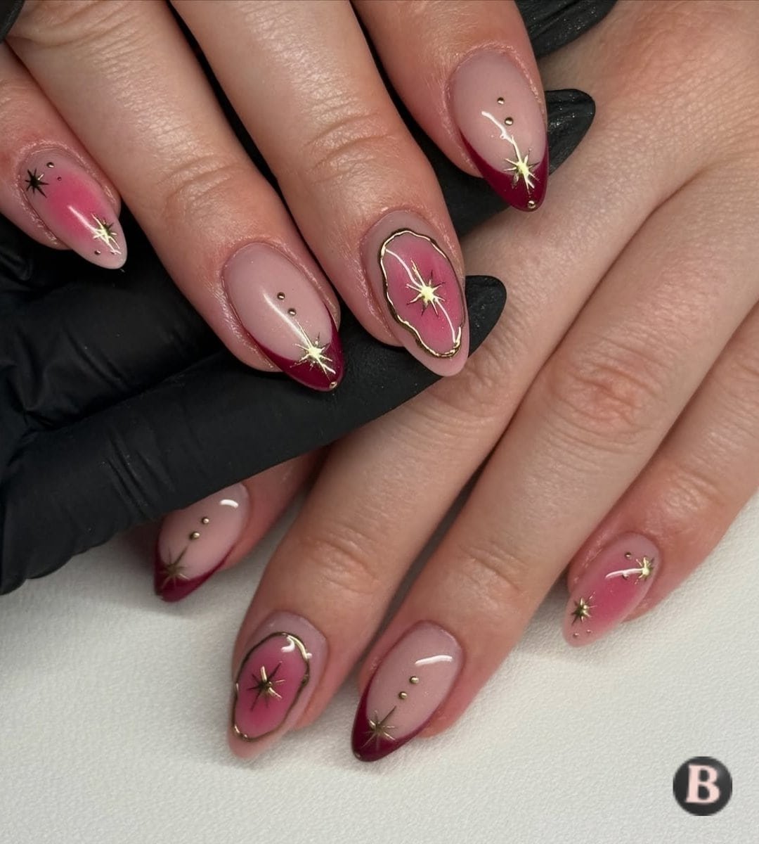 Deep Burgundy & Celestial Gold Aura Nails