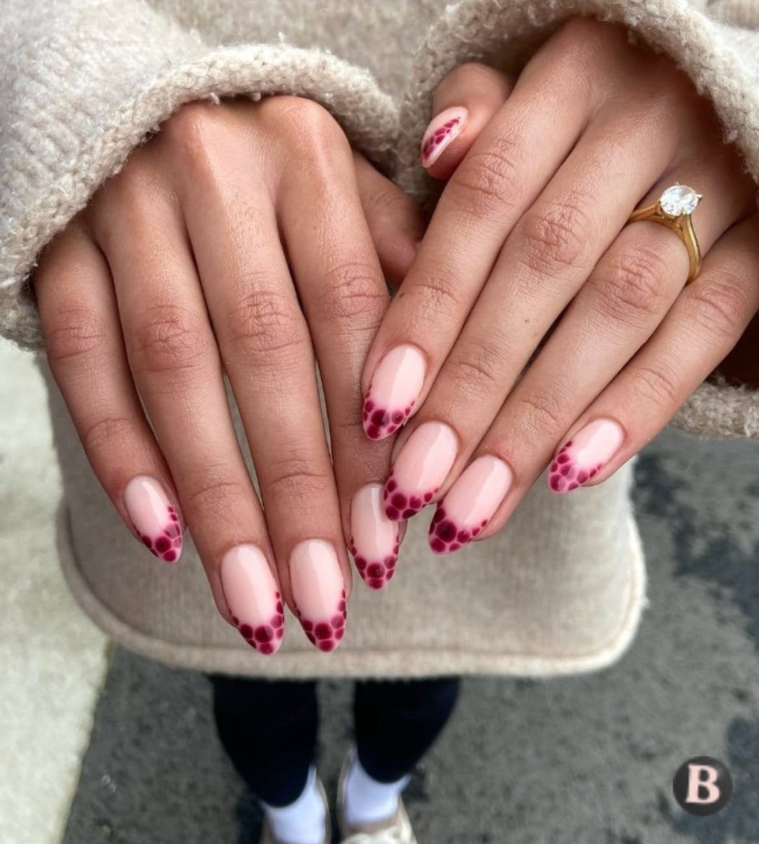 Deep Burgundy Croc Print French Tip Nails