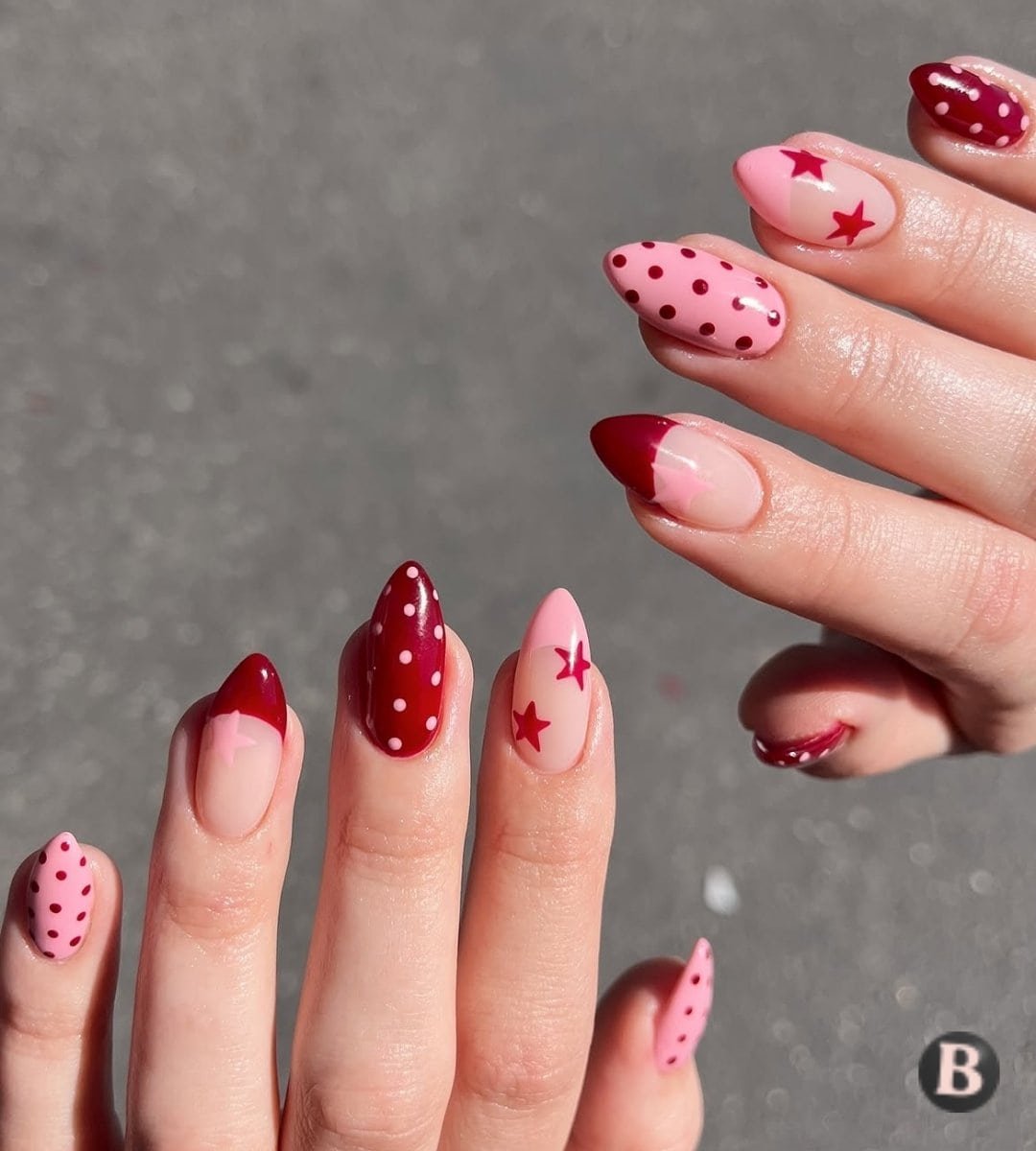 Deep Cherry Red & Pink Star Polka Dot Nails