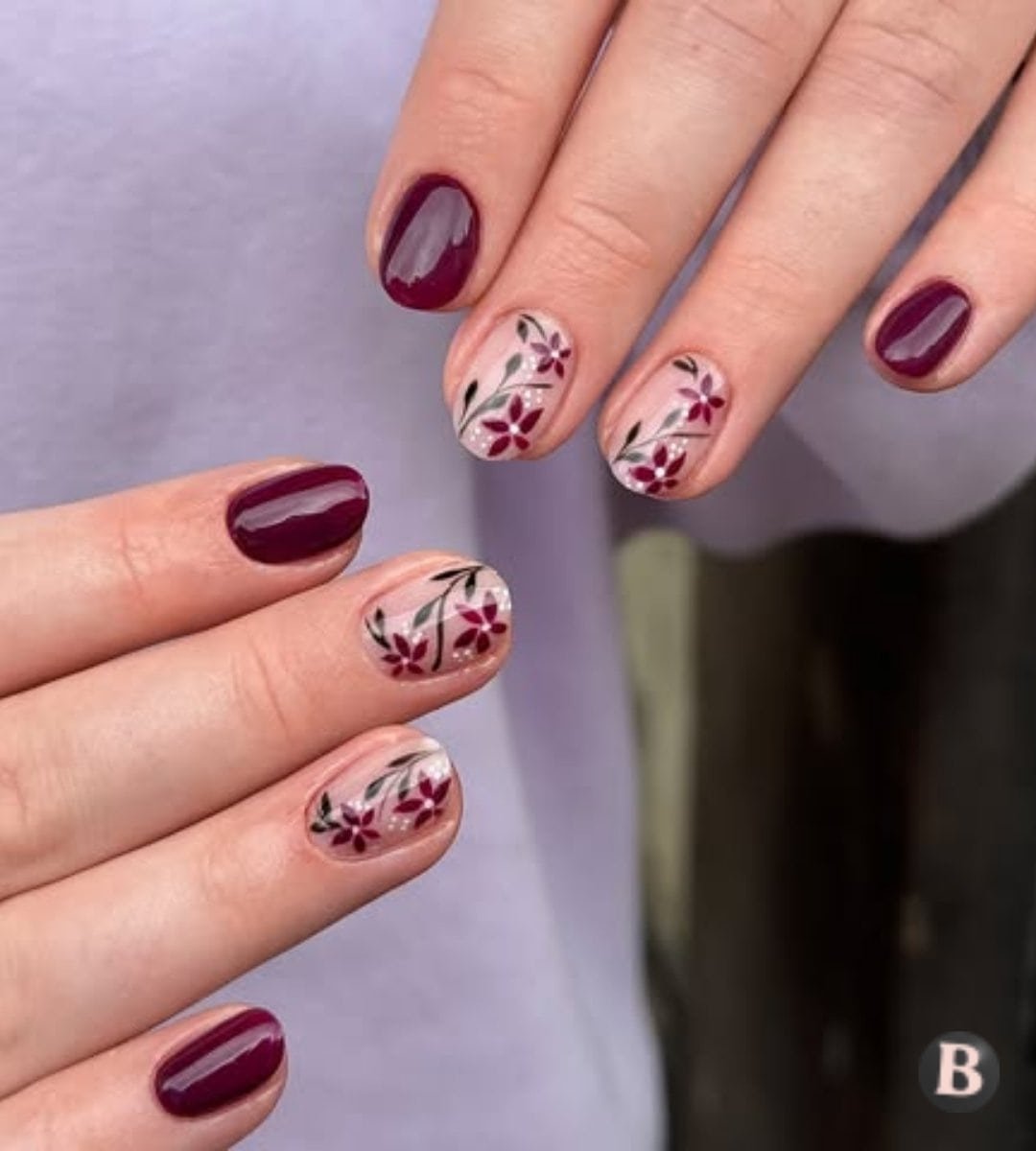 Deep Plum & Botanical Floral September Nails