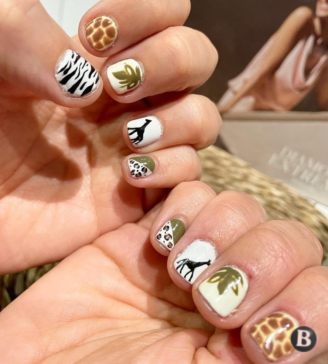 Earthy Olive Safari & Giraffe Silhouette Nails